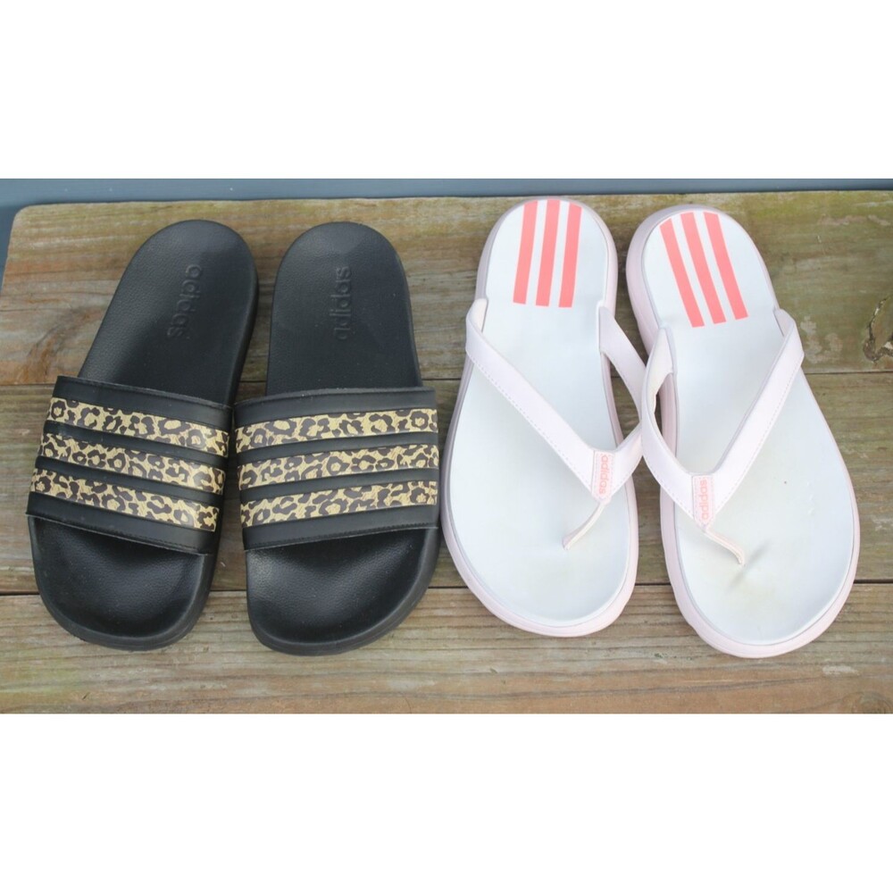 2 Pairs Adidas Adilette Shower Slides & Thong Flip Flops White Cheetah Print 10